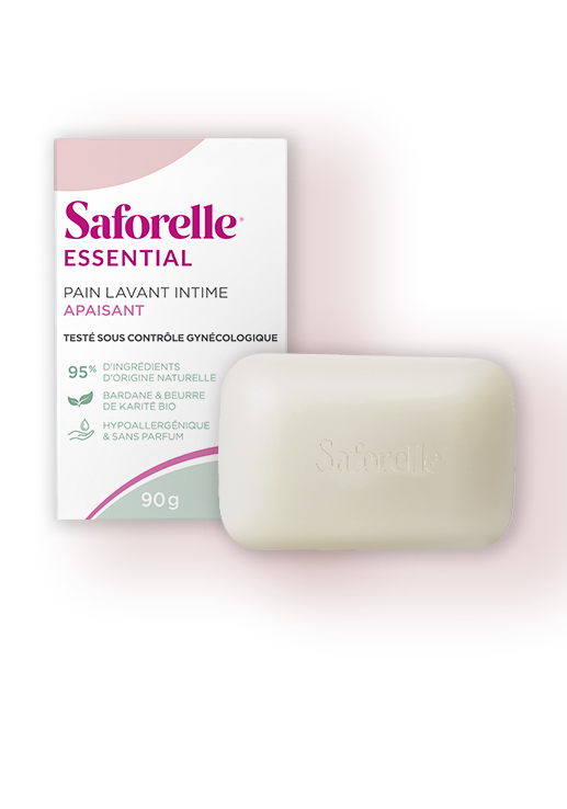 Savon, pain lavant intime apaisant Essential Saforelle nettoie la peau e,n douceur et apaise les sensations d"irritation, convient peaux sensibles, 90g