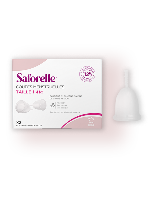 Boîte Saforelle de deux coupes menstruelles taille une pour flux moyen, pack confort 12h facile d&