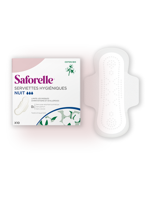 Saforelle serviettes hygiéniques Nuit en coton bio x10 pour la protection intime pendant les règles