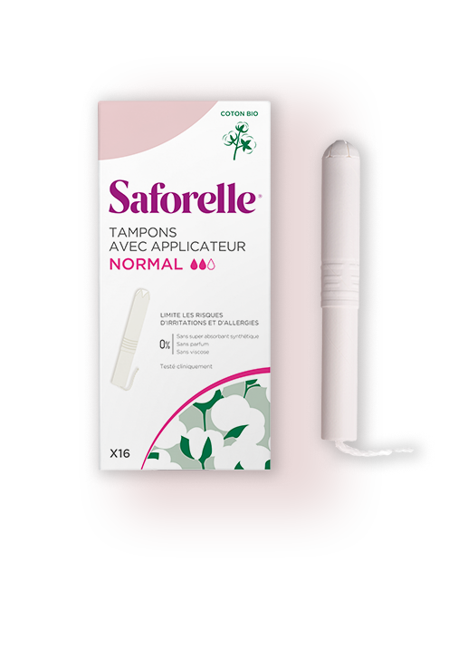 Deux boîtes Saforelle de tampons avec formats Super et Normal, avec applicateur, hygiène intime, confort et sérénité durant les règles 