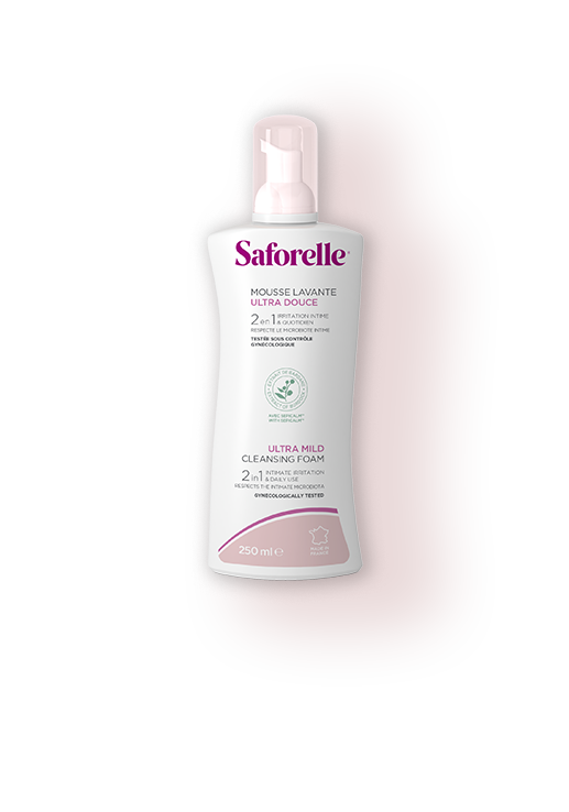 Flacon mousse lavante Saforelle ultra douce 2 en 1 soin intime et corporel, apaise les inconforts et irritations intimes au quotidien, 250 ml
