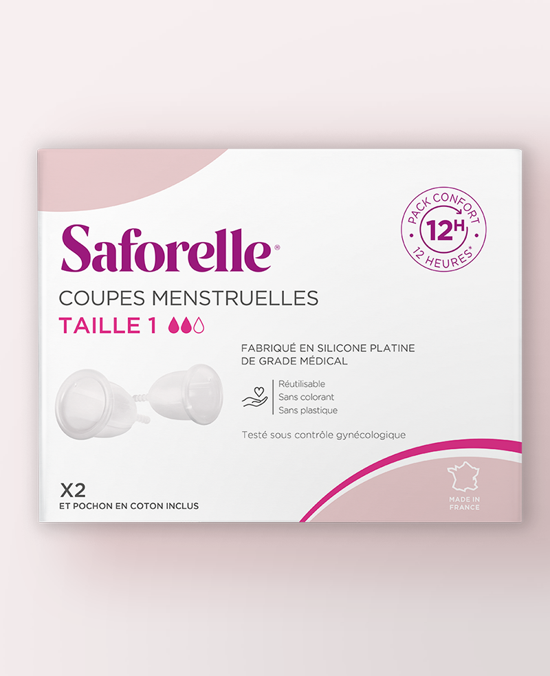 Boîte Saforelle de deux coupes menstruelles taille une pour flux moyen, pack confort 12h facile d&