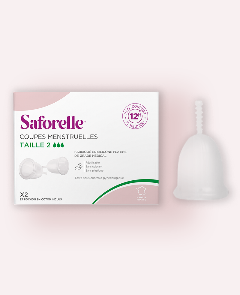 Boîte Saforelle de deux coupes menstruelles taille deux pour flux abondant et avec coupe à côté réutilisable, 2x6h