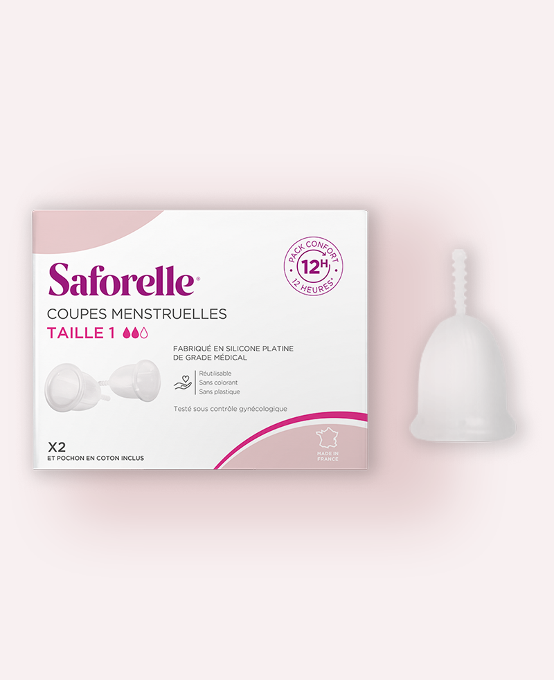 Boîte Saforelle de deux coupes menstruelles taille une pour flux moyen et avec coupe à côté réutilisable, 2x6h