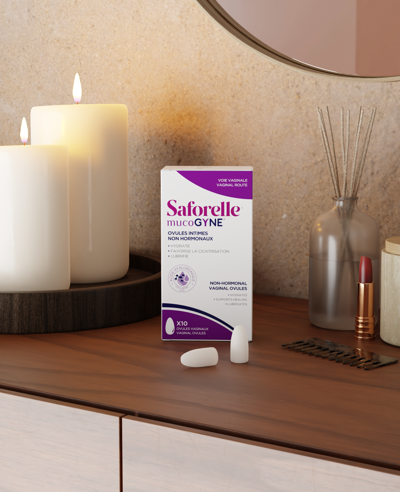 Emballage avec Ovules intimes Mucogyne Saforelle hydratent, cicatrisent et lubrifient pour un meilleur confort, 10 gélules
