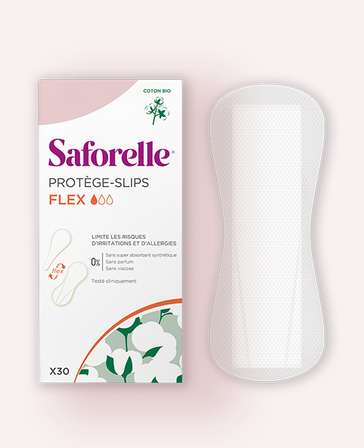 Boîte Saforelle de 30 protège-slips Flex doux et flexibles en coton biologique hypoallergénique, confort intime jour et nuit