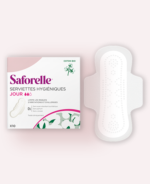 Boîte Saforelle de 10 serviettes hygiéniques en coton bio hypoallergénique, confort et confiance pour la journée