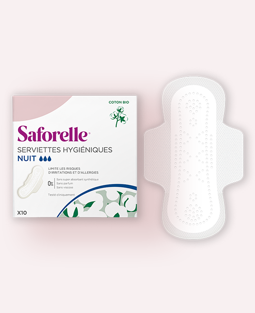 Boîte Saforelle de 10 serviettes hygiéniques en coton bio, confort et tranquillité pour la nuit