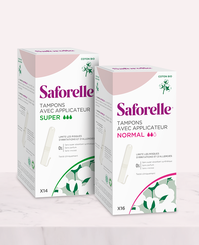 Deux boîtes Saforelle de tampons avec formats Super et Normal, avec applicateur, hygiène intime, confort et sérénité durant les règles 