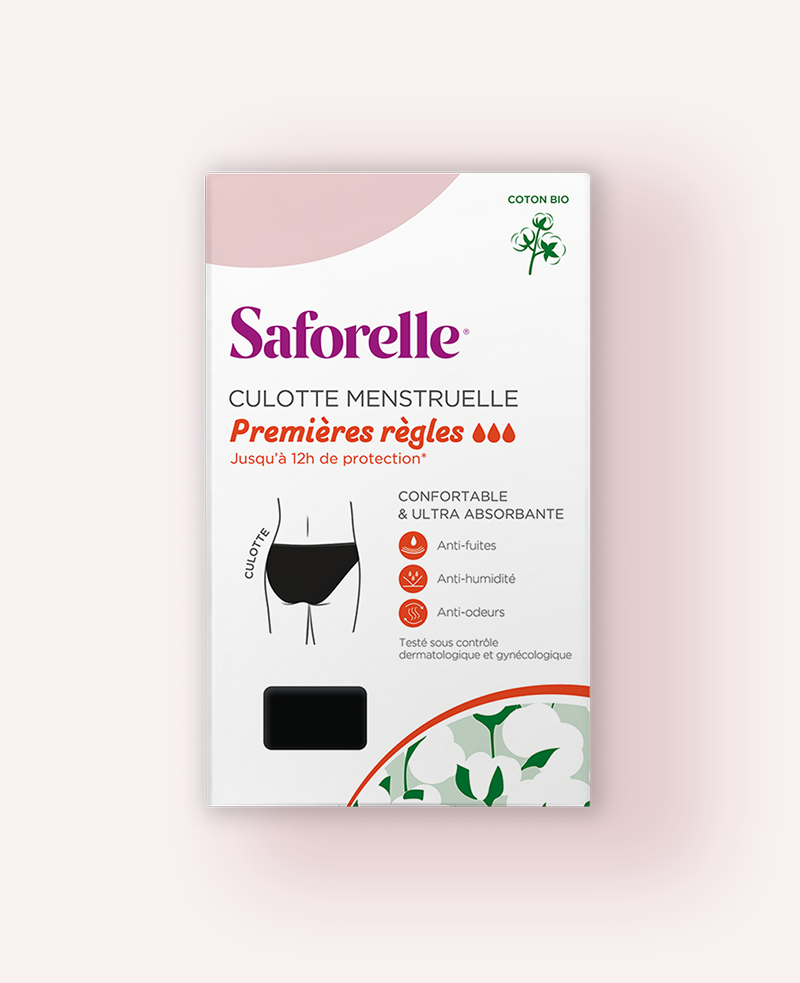 Présentation packaging culotte premières règles Saforelle protection absorbante, anti-fuites, anti-humidité, anti-odeurs