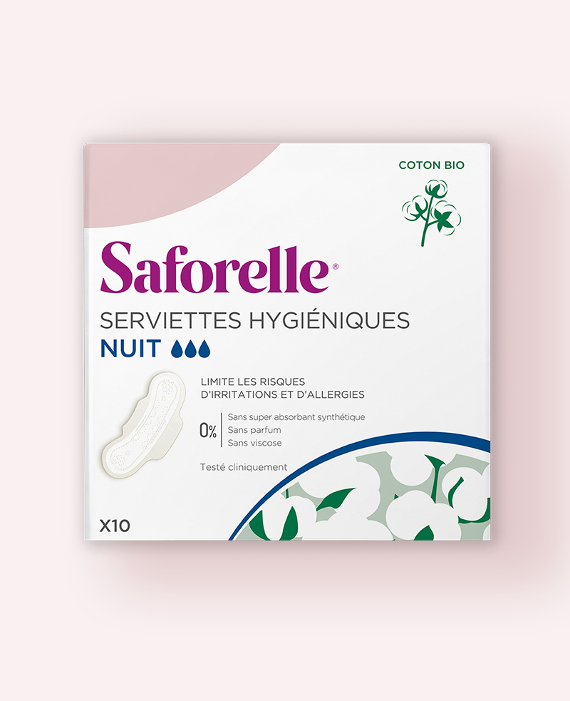 Saforelle serviettes hygiéniques Nuit en coton bio x10 pour la protection intime pendant les règles